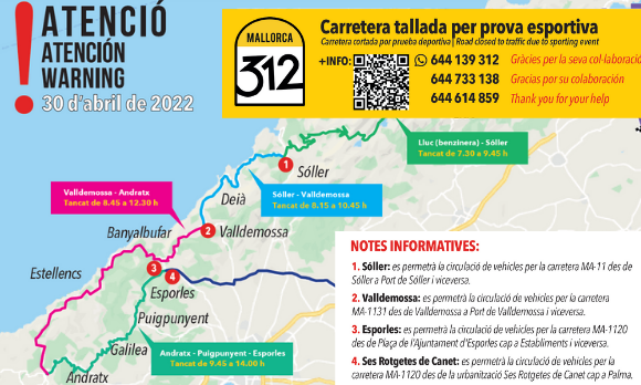Mapa de carreteres afectades per la Mallorca 312